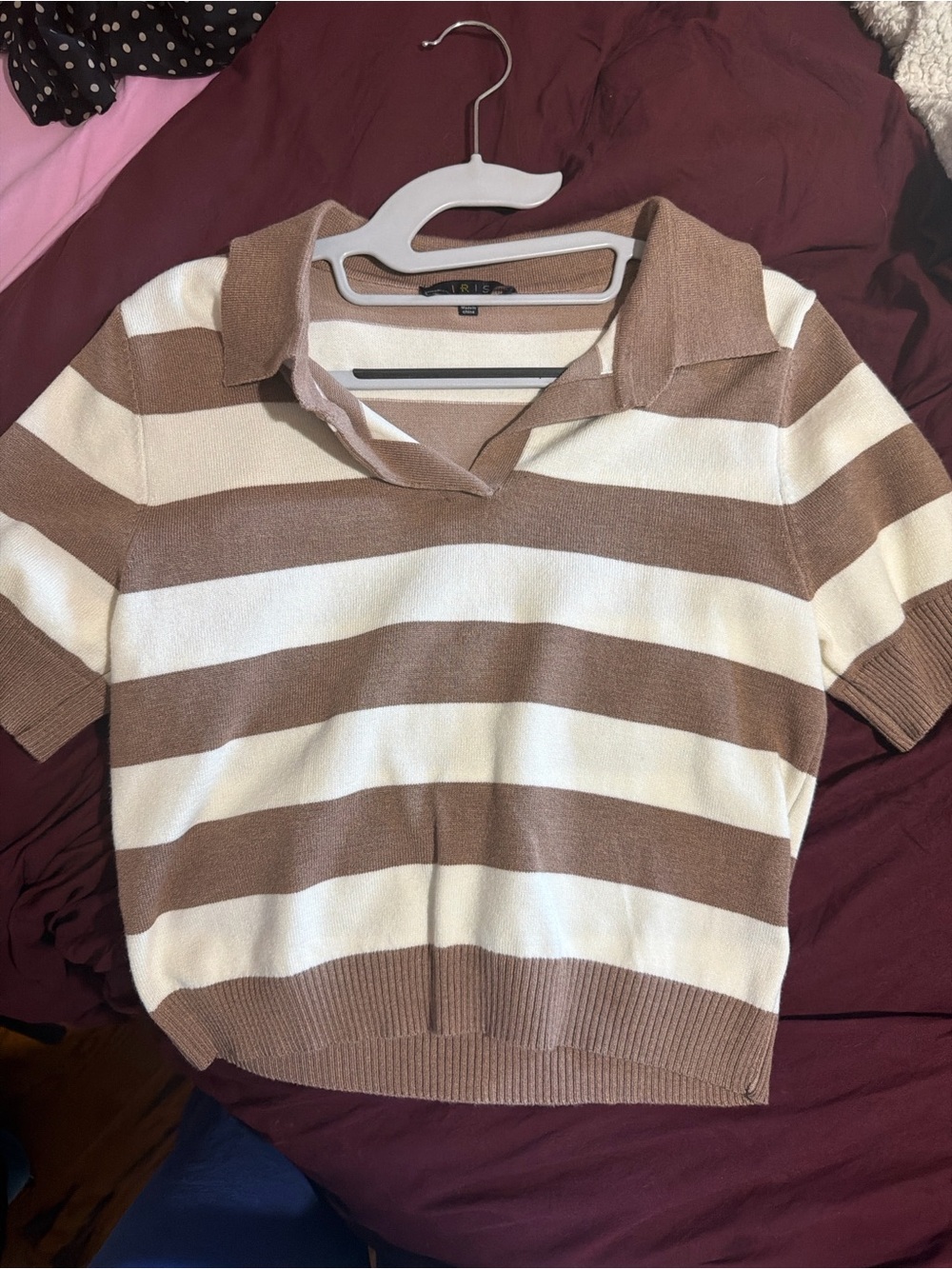 Striped Polo-Style Knit Top in Cream and Brown